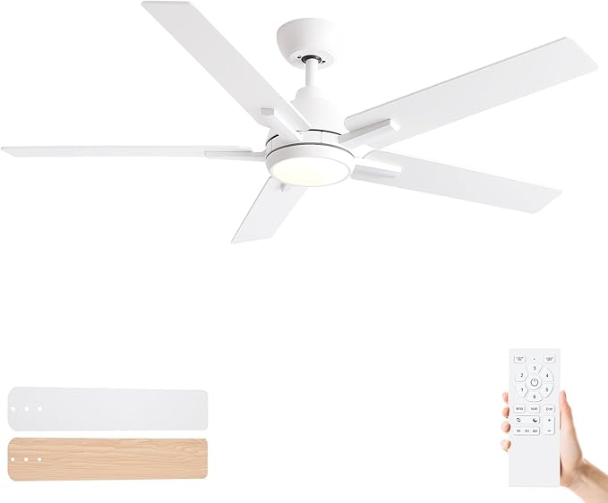 Sevenine 52 Inch Downrod White Ceiling Fan with Light & Remote, ETL Listed | 6 Speed, Quiet DC Motor, 3-Level Timer Function, 3 Color Temperature, Forward/Reserve For all Seasons, Indoor/Covered Outdoor