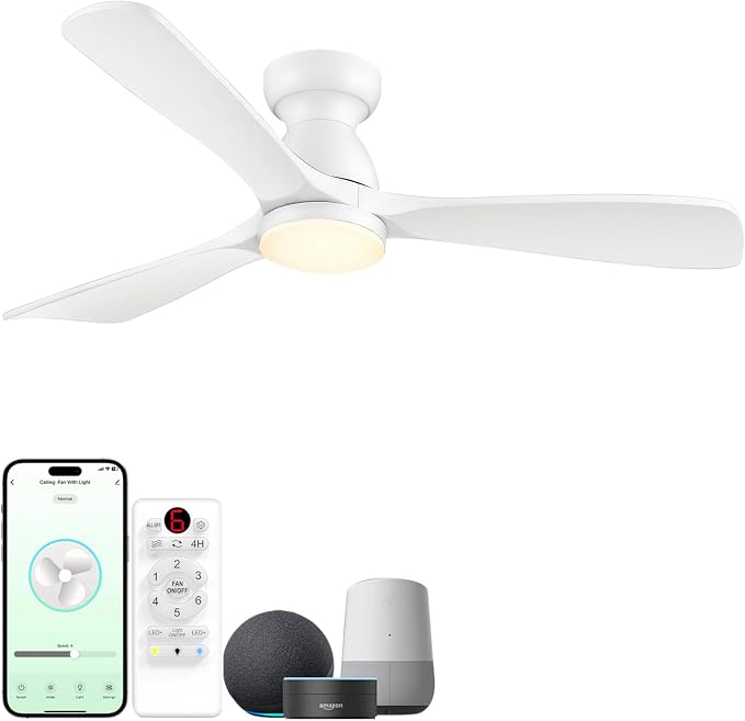 60 inch Smart White Flush Mount Ceiling Fans with Lights,Outdoor Low Profile Ceiling Fan Quiet DC Motor,Work with Alexa/Gg Voice Control/App/Remote,Dimmable,6-speed,3 Wood blades Fan for Patio,Porch