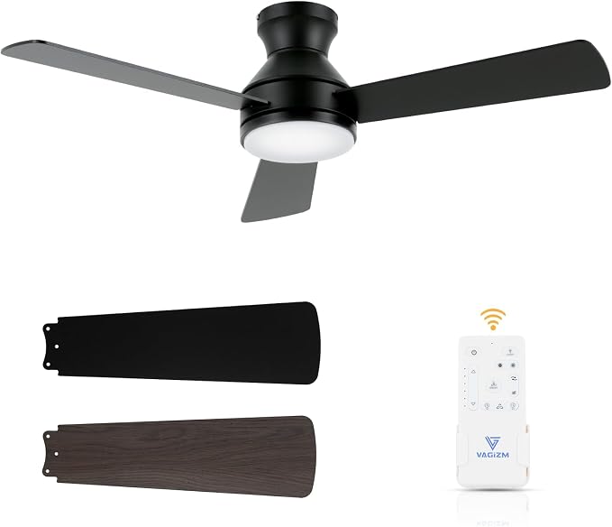 42 Inch Flush Mount Ceiling Fan with Light, Quiet DC Motor, 3CCT Dimmable LED, Low Profile for Bedroom Home Office (Matte Black)