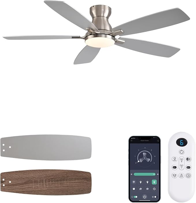 JSAITEE Ceiling Fans with Lights, 52 Inch Low Profile Ceiling Fan with Light and Remote Control, Flush Mount, DC Reversible Motor, Noiseless, Nickel 6 Speeds Ceiling Fan for Bedroom