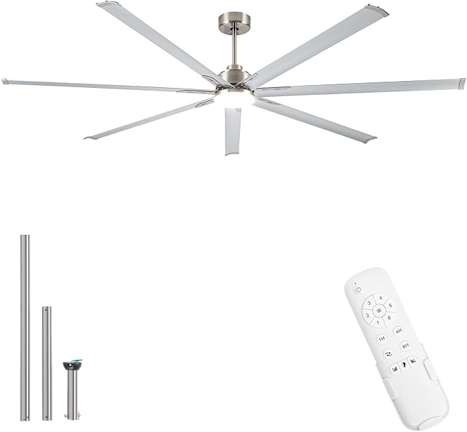 Minislak 96 Inch Industrial Ceiling Fans with Light,Brushed Nickel HVLS Ceiling Fan with 6 Speeds Reversible Motor,High CFM Indoor/Outdoor Ceiling Fan with 7 Aluminum Blades for Barn shop,Commercial