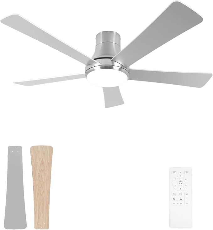 52 Inch Outdoor Ceiling Fans with Lights and Remote, Brushed Nickel Flush Mount Ceiling Fan, 5 Reversible Blades, Dimmable LED, 3-Color Temperatures, 6 Speeds, for Bedroom, Living Room, Patio