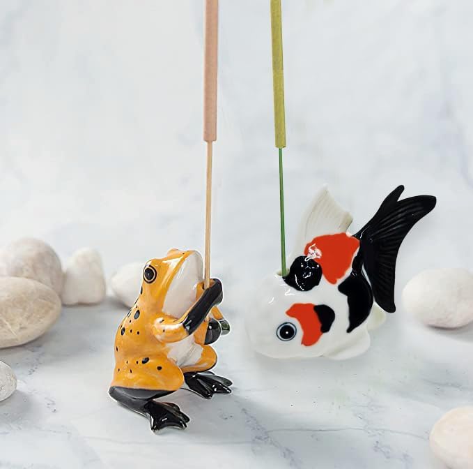 2¼" Black White Orange Goldfish Fish Elegant Ceramic Incense Stick Holder Artistic Collectible Figurine for Adult Collectors Sophisticated Accent Gift Handcrafted Porcelain Home Decor