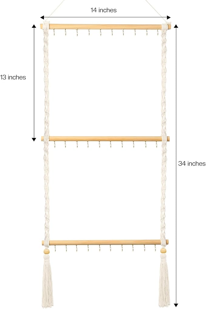 UREYMX Hanging Jewelry Organizer Macrame Necklace Holder, with 30 Hooks, Over Door Necklace Rack, Wall Mounted Jewelry Hanger with Tassel Boho for Necklace Headband Bow Earring Bracelet