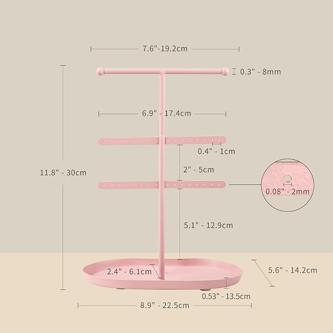 Saydear 3-Tier Jewelry Organizer Stand, Earring Holder Necklace Tree | Pink Metal Earring Rails With Top Necklace Bar, Oval Tray Base, Ideal Vanity Dresser Decor, Gift For Her