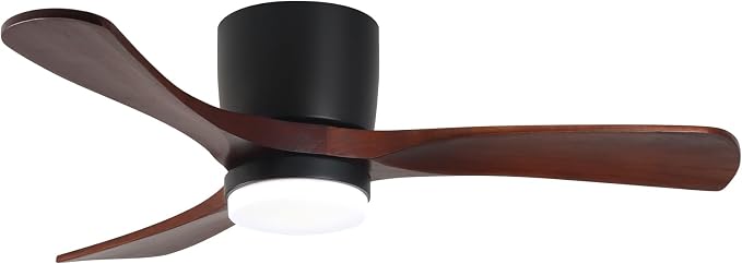 GESUM 42" Ceiling Fan with Lights Remote Control, Low Profile Ceiling Fan with 3 Walnut Wood Blades, Reversible,Dimmable, Flush Mount Ceiling Fans for Living Room Kitchen Bedroom(Black+Walnut)