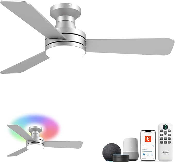 42" RGB Ceiling Fan with Light, Music Sync Smart Fan Works with Alexa/Google Assistant/App, Low Profile Flush Mount, 6-Speed Quiet DC Motor, 4 CCT Dimmable Lighting for Bedroom Living Room