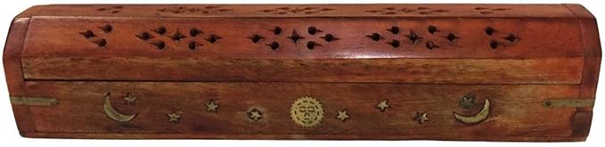 POSHNPRETTY Handmade Celestial Coffin Wooden Incense Box Burner with Brass Inlay (Natural)