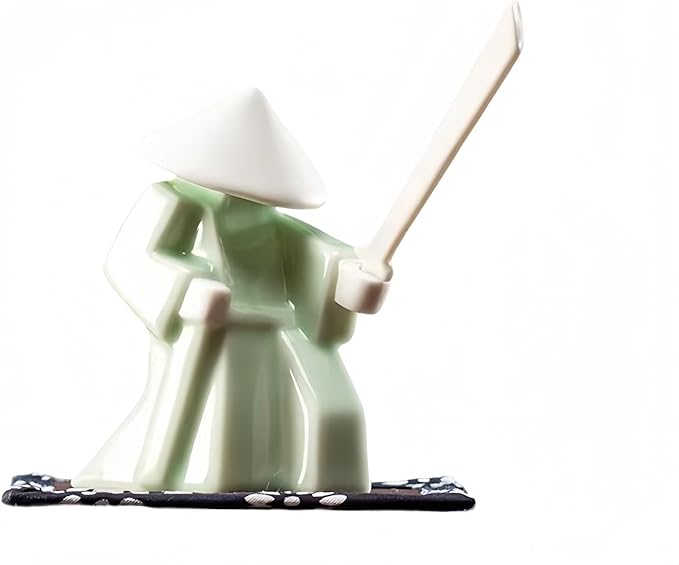 Ceramic Samurai Incense Holder & Tea Pet - Hand-Painted Japanese Warrior Statue, Terracotta Zen Decor for Home/Office (3.5", White/Green) (Green C)
