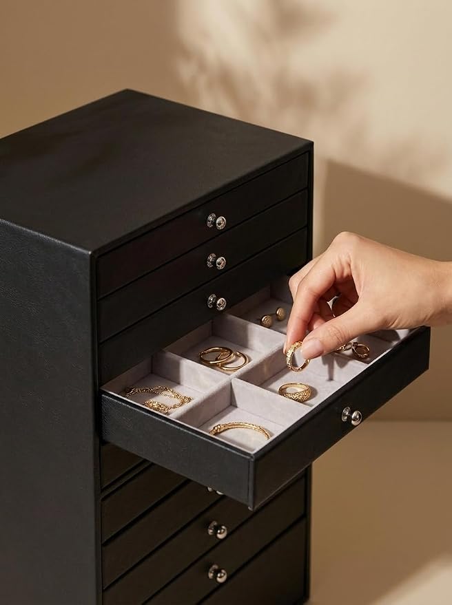 GUKA Large Jewelry Box, Jewelry Case with 10 Drawers for Big and Small Jewelry, Jewelry Storage Organizer for Watch Earrings Necklace Rings Bracelets, Birthday Wedding Gifts, Black