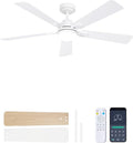 52 Inch Ceiling Fan with Lights and Remote, Downrod Mount, Sloped Ceiling Compatible up to 15°, Quiet Reversible DC Motor, 3CCT Dimmable LED, White Ceiling Fan for Bedroom Living Room