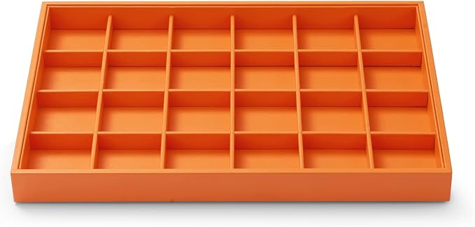 Oirlv Orange Leather Jewelry Organizer 24-Grid | Orange Pu Leather Exterior, Soft Microfiber Interior, Removable Dividers, Elegant Color for Display