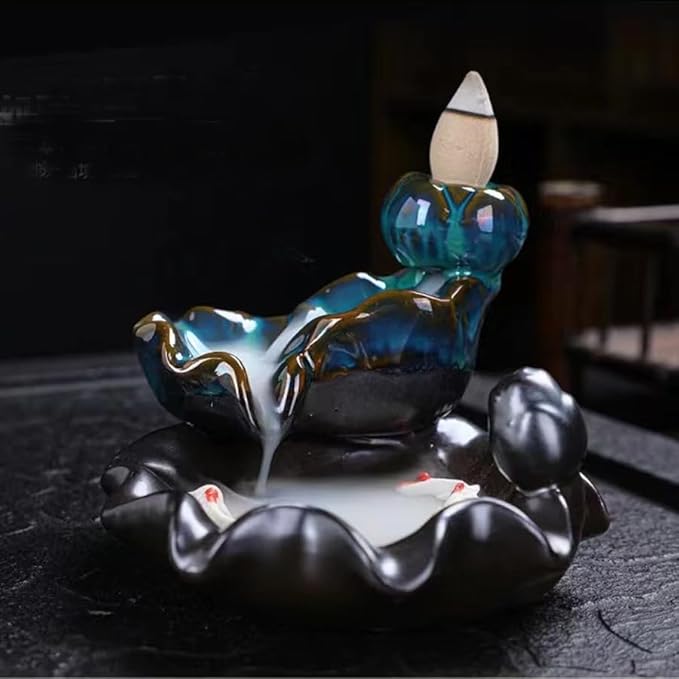 ARFUKA Ceramic Backflow Incense Burner Lotus & Koi Waterfall Design with Hypnotic Smoke Effect, Zen Meditation Decor for Home Office Yoga Room (Asian Inspired Aromatherapy Art)
