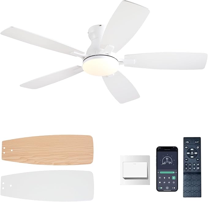 NKPU Ceiling Fans with Lights, Low Profile Ceiling Fan with Light and Remote/APP Control, DC Reversible Motor, Noiseless, Flush Mount, 46inch White Ceiling Fan for Bedroom Indoor/Outdoor Use