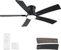 52 Inch Balck Flush Mount Ceiling Fans with Lights and Remote | 3CCT Dimmable LED, 6 Speed, Quiet DC Motor, 3-Level Timer Function, Forward/Reserve For all Seasons, Indoor/Covered Outdoor