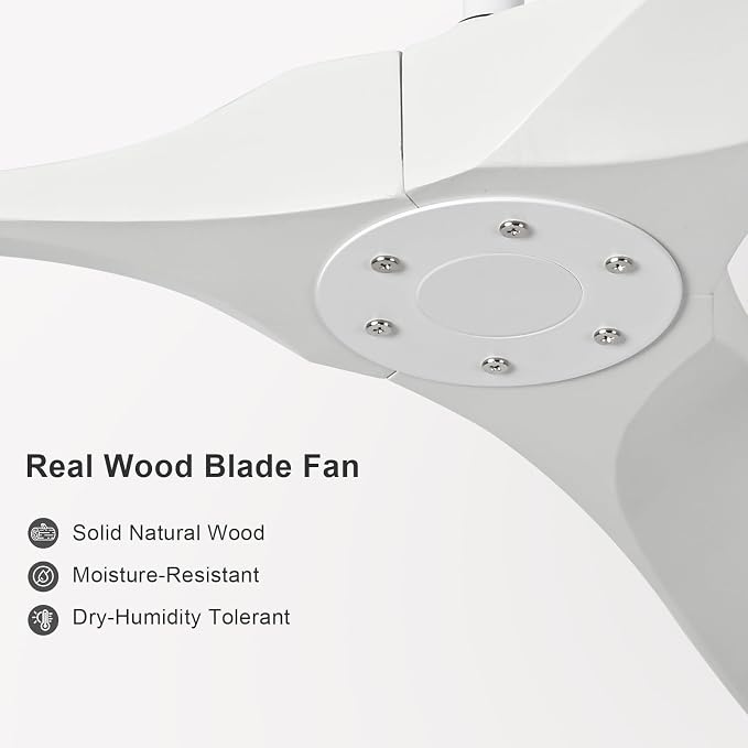 heimo 72 Inch white Ceiling Fan No Light,Indoor Outdoor 3 Blade Wood Ceiling Fans without Lights for Patios Living Room Porch Garage Big Extra Large Wooden Fan with Downrod