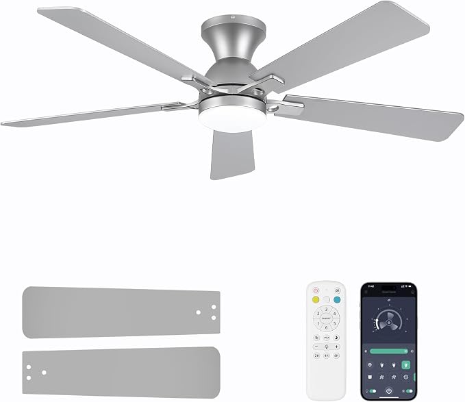Ceiling Fans with Lights, 52 Inch Low Profile Ceiling Fan with Light and Remote Control, Flush Mount, Reversible, 3CCT, Dimmable LED, Quiet, Nickel Ceiling Fan for Bedroom, Living Room