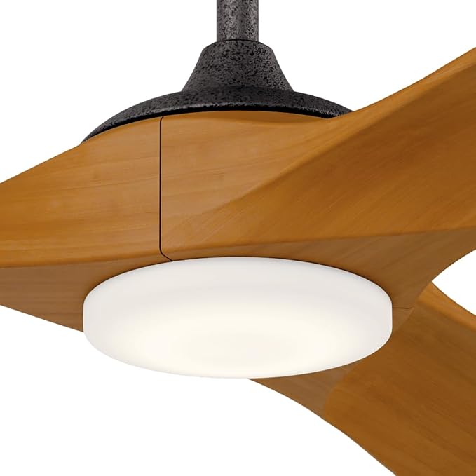 KICHLER Mylo 52 in Modern Ceiling Fan with Light and Remote, 6-Speed Damp Rated Indoor Outdoor Fan with Honey Maple Wood Blades and Satin Etched Opal Glass in Anvil Iron, 310552AVI