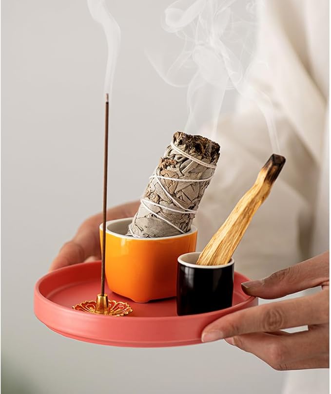 ARFUKA Palo Santo Holder Incense Holder 3 in 1 Incense Burner Holder Palo Santo Holder Sage Holder Candle Holder Ceramic Ash Catcher Tray for Meditation Yoga Room