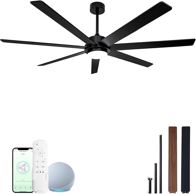 Minislak 65 Inch Black Smart Ceiling Fan with Light and Remote via WIFI Alexa APP Control,Dimmable,Quiet DC Motor Indoor Outdoor Ceiling Fans for Patios or Bedroom