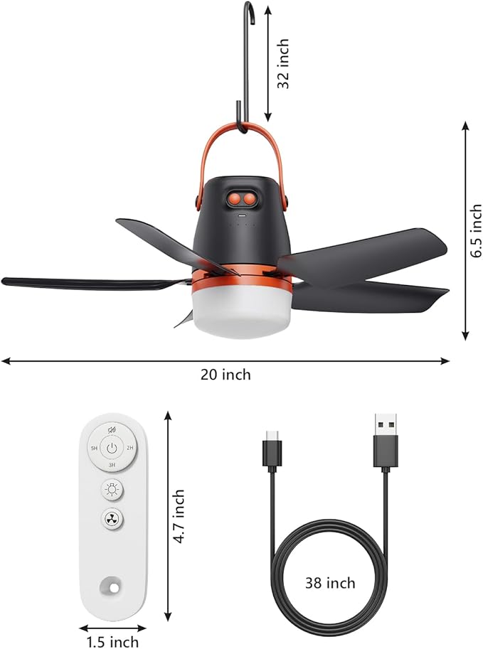 20” Canopy Fan with Lights, 20000mAh Battery Operated Ceiling Fan, Portable Outdoor Camping Fan with Remote Control, 4 Speeds & Dimmable for Canopy, Tent, Gazebo, RV, Garage