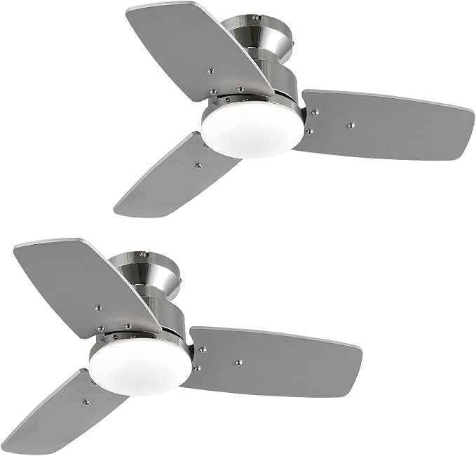 30 Inch Ceiling Fans with Lights and Remote, Bedroom Living Room Office, Flush Mount, 6CCT Dimmable, Dual Color 3 Blades 6 Speed Reversible Quiet DC Motor, Chrome-Plated/Wood Grain, 2 Pack