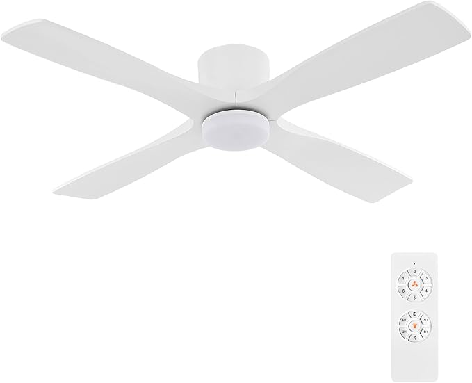 WINGBO 48 Inch Flush Mount DC Ceiling Fan with Lights and Remote, 4 Reversible Carved Wood Blades, 6-Speed Noiseless DC Motor, Hugger Ceiling Fan in White Finish, Low Profile Ceiling Fans, ETL Listed