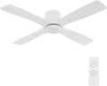 WINGBO 54 Inch Flush Mount DC Ceiling Fan with Lights and Remote, 4 Reversible Carved Wood Blades, 6-Speed Noiseless DC Motor, Hugger Ceiling Fan in Gloss White with White Blades