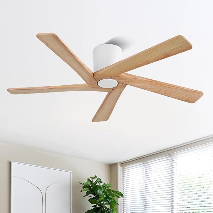 WINGBO 54 Inch Flush Mount DC Ceiling Fans without Lights, 5 Carved Solid Wood Blades, 6-Speed Reversible DC Motor, Low Profile Hugger Ceiling Fan No Lights for Indoor and Outdoor, White and Oak