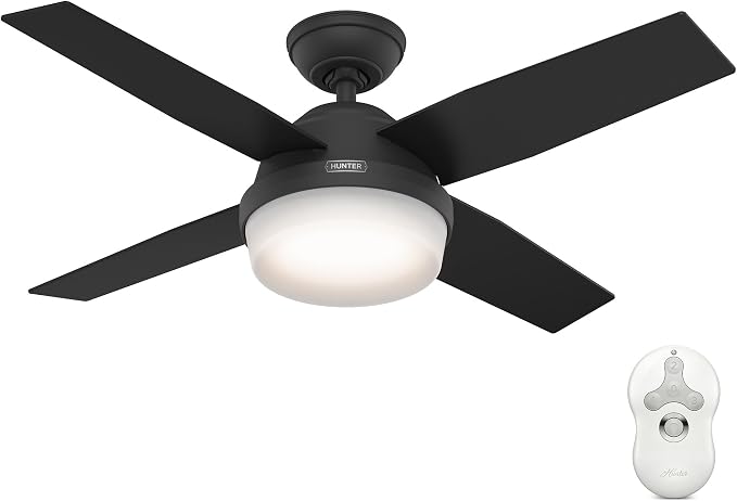 Hunter Dempsey, Indoor, Ceiling Fan, Modern, 4 Blades, 44 inch, Matte Black | with LED Light and Remote Control, Standard Mount, For Bedroom, Living Room, Kitchen, 52391