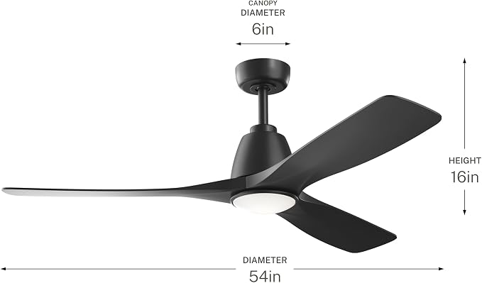 Kichler 54" Volos II 3 Blade Ceiling Fan in Black with Black Blades, Easy-to-Install AC Motor, Downrod, 300054-BK