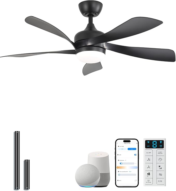 Sofucor 42" Smart Ceiling Fan, Indoor/Outdoor Black Ceiling Fans with Lights and Remote, Works with Alexa/Google/App, 3-Color Light 6-Speed Timing Reversible DC Motor for Bedroom Living Room Patio