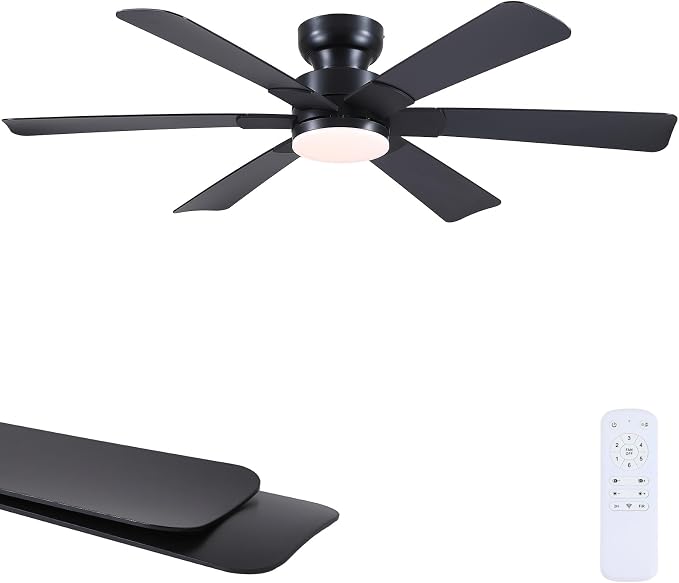 52"6 Blades Black Low Profile Flush Mount Ceiling Fans with Lights Remote | Super Large Airflow with 6 Wind Speeds, Reversible, Dimmable 3CCT LED, 30W Quiet DC Motor,Suits for Bedroom Kitchen