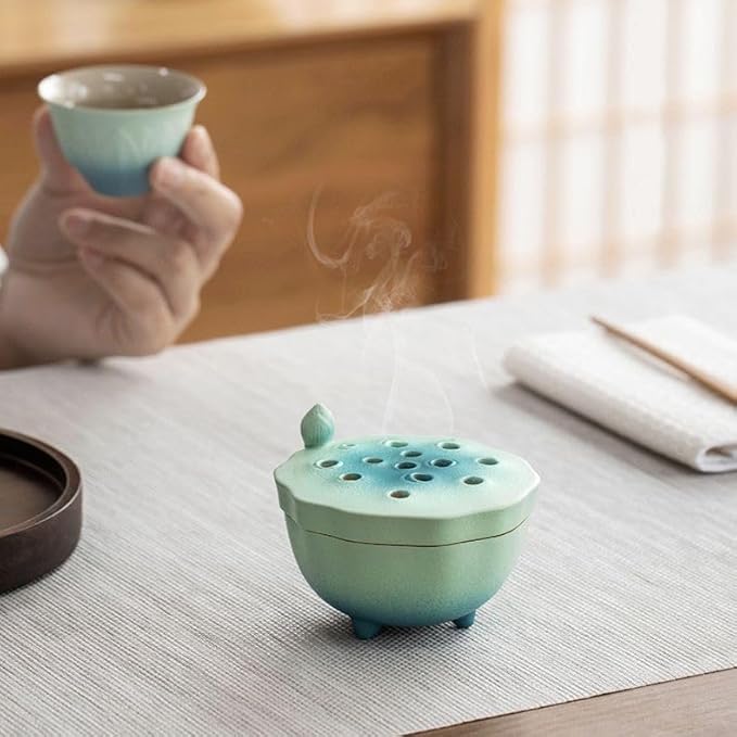 Zen Incense Burner with Lotus Lid Design (Lake Blue), Ceramic Incense Holder for Bakhoor, Stick, Powder, Cone, Coil, and Tower Incense, Home Fragrance Decor