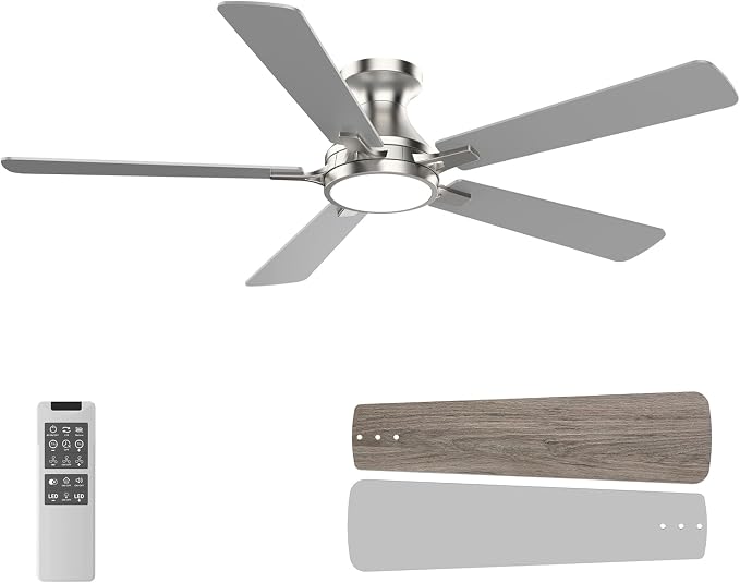 OPONL Ceiling Fan with Light, 52 inch Low Profile Ceiling fan with Light and Remote Control, Reversible, 6CCT, Dimmable, Noiseless, Nickel Ceiling Fan for Bedroom, Indoor/Outdoor Use, Modern