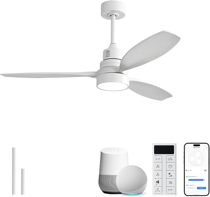 Sofucor 52 Inch Solid Wood Smart Ceiling Fans with Lights and Remote, Works with App/Alexa/Google, 6-Speed Outdoor Ceiling Fan with Light, 3 Blade Ceiling Fan, Quiet DC Motor for Living Room Patio