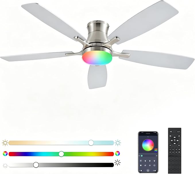 FUMLTP Ceiling Fans with Lights, 54inch RGB Low Profile Ceiling Fan with Light and Remote/App Control, Flush Mount, Dimmable, Reversible DC Motor, Noiseless, 6 Speeds Nickel Ceiling Fan for Bedroom