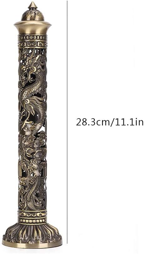Vertical Incense, Retro Incense Tower Holder Brass Stick Incense Holder Incense with Dragon Phoenix Pattern for Home Office Yoga Meditation, 8.5x7cm/3.3x2.8in