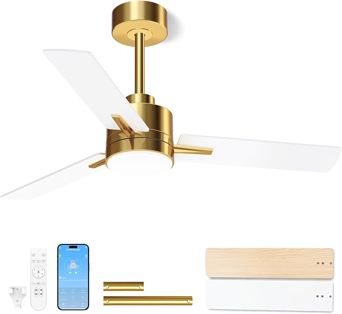 LANMEL 42'' Ceiling Fan with Lights and Remote, Low Profile Modern Ceiling Fan Gold, 6 Speed, Reversible, 3000k-6000k LED, Quiet DC Motor for Indoor Outdoor Bedroom Living Room