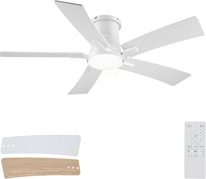 46 Inch White Flush Mount Ceiling Fans with Lights and Remote | 3CCT Dimmable LED, 6 Speed, Quiet DC Motor, 3-Level Timer Function, Forward/Reserve For all Seasons, Indoor/Covered Outdoor