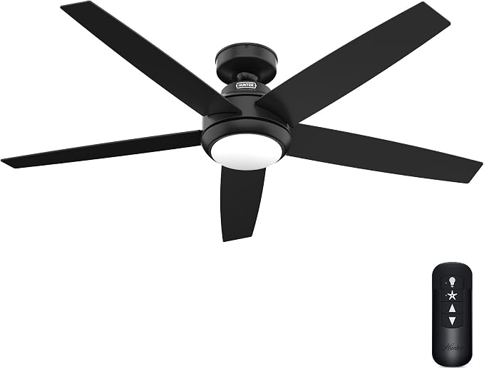 Hunter Zayden, Indoor, Ceiling Fan, Standard Mount, 52 inch, Matte Black | with LED Light and Remote Control, Quiet, 5 Blades, For Bedroom, Living Room, Kitchen, 51694