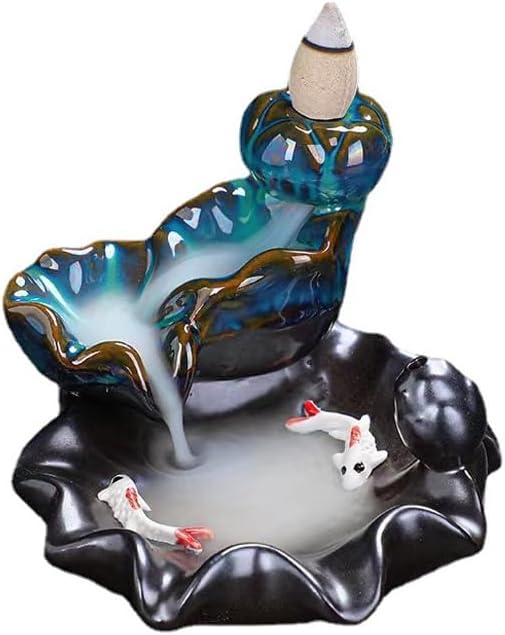 ARFUKA Ceramic Backflow Incense Burner Lotus & Koi Waterfall Design with Hypnotic Smoke Effect, Zen Meditation Decor for Home Office Yoga Room (Asian Inspired Aromatherapy Art)
