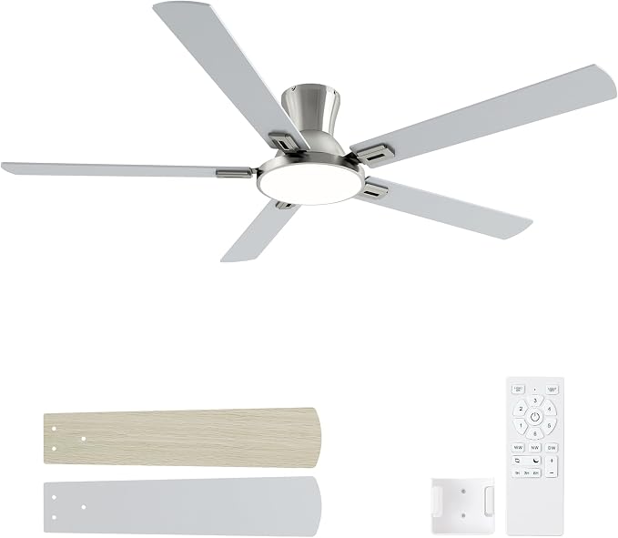 60 Inch Brushed Nickel Ceiling Fans with Lights and Remote, Flush Mount Low Profile 5 Blades Ceiling Fan with 10 Inch Lighting Fixture, Quiet Reversible DC Motor for Living Room, Bedroom and Patio