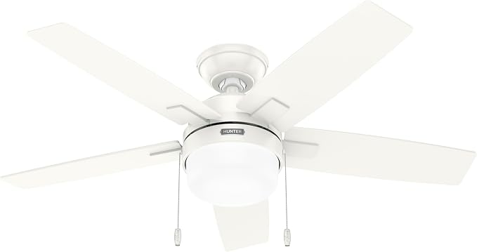 Hunter 44 inch Indoor Ceiling Fan with LED Light - White Ceiling Fan with Pull Chain, for Bedroom or Living Room, Standard Mount, No Remote, 5 Blades, Includes Bulbs - Anisten 52488, Fresh White | Standard Mount, Pull Chain, 5 Blades, For Bedroom, Livi...