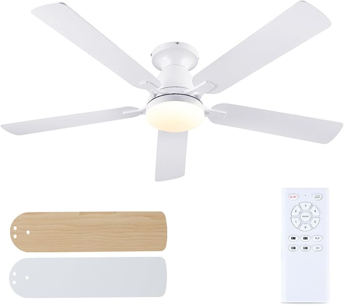 52 Inch Ceiling Fans with Lights and Remote, Flush Mount, White | Low Profile, Dimmable LED, Reversible, Quiet DC Motor, Wooden Blades, for Modern Apartment Bedroom Home Office Living Room