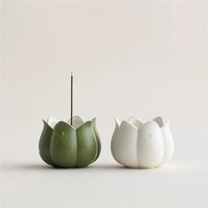 Hermit Life Incense Burner with 9 Holes Stick Holder, Lotus Bud or Tripod Ding Shape Design and Matte Ceramic Surface for Home Décor, Incense Stick Holder with Ash Catcher (White Lotus Bud)