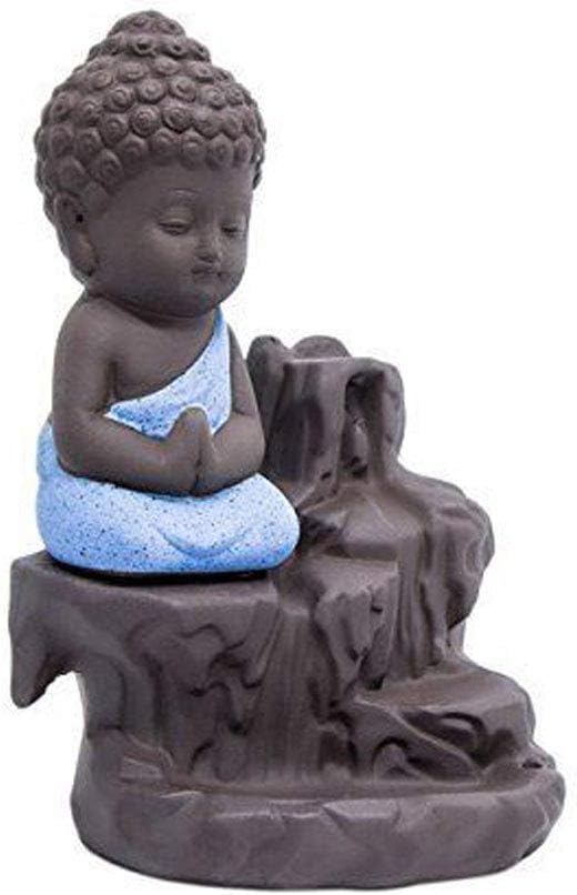 Incense Burner Smoke Waterfall Backflow Holder Ceramics Porcelain Buddha Little Monk Tower Cones Sticks Ash Catcher(Blue)