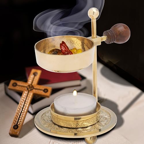 Handcrafted Adjustable Resin Incense Burner in Golden Brass with Wooden Handle – Premium Quality Incense Holder with Tealight (4.33 inch) for Aromatherapy and Unique Smoking Experience