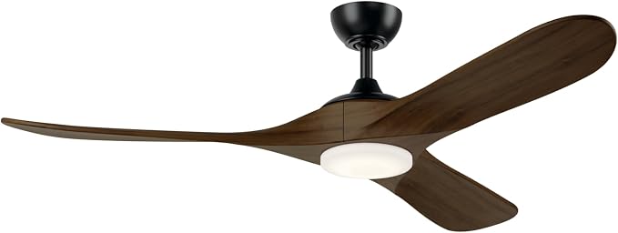 KICHLER Mylo 60 in Modern Ceiling Fan with Light and Remote, 6-Speed Indoor Outdoor Damp Rated Fan with Satin Etched Cased Opal Glass in Satin Black and Aged Walnut Wood Blades, 310560SBK