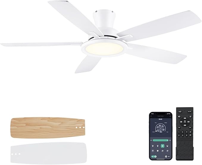BYKISTOK 52In Flush Mount Ceiling Fans with Lights - White Low ProfileCeiling Fan with Remote/APP, Reversible, 3CCT Dimmable, Modern Fan Light for Indoor Living Room, Outdoor Covered Patios